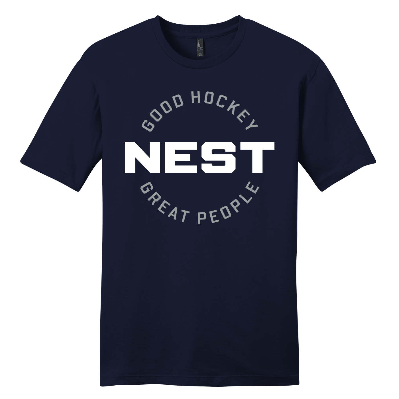 Nest unisex cotton tee, "Good Hockey Great People" logo (circle version), new navy
